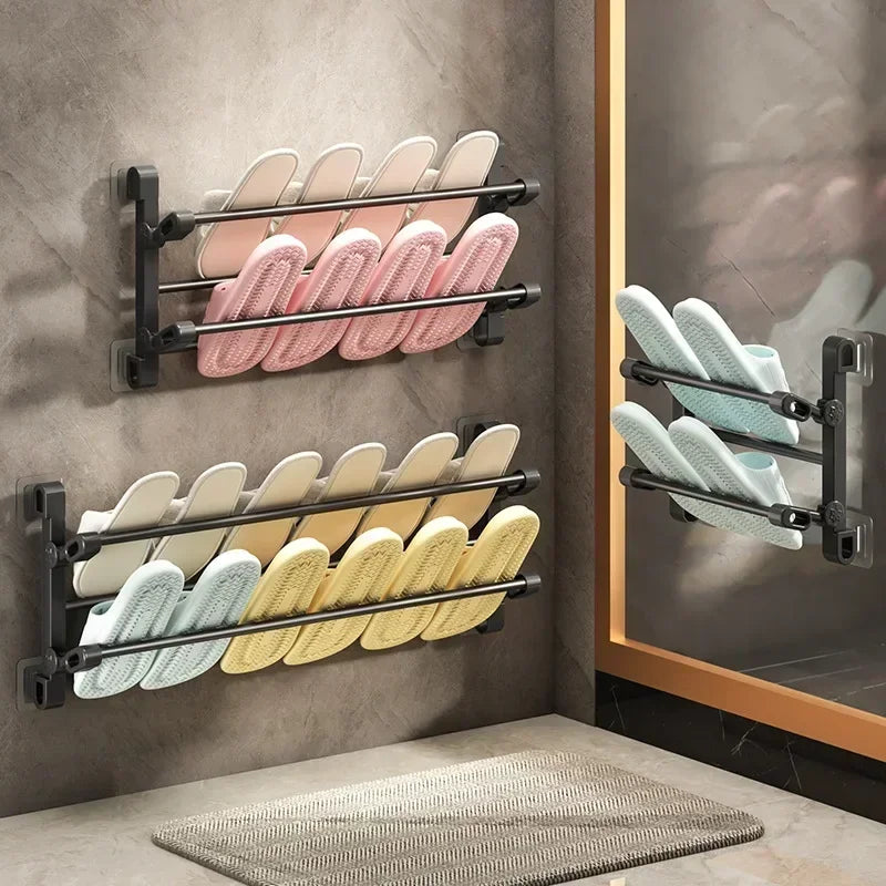 Drill-Free Wall-Mounted Bathroom Slipper Rack–Space-Saving Door/Shower Storage Organizer with Adjustable Hooks &Durable Adhesive