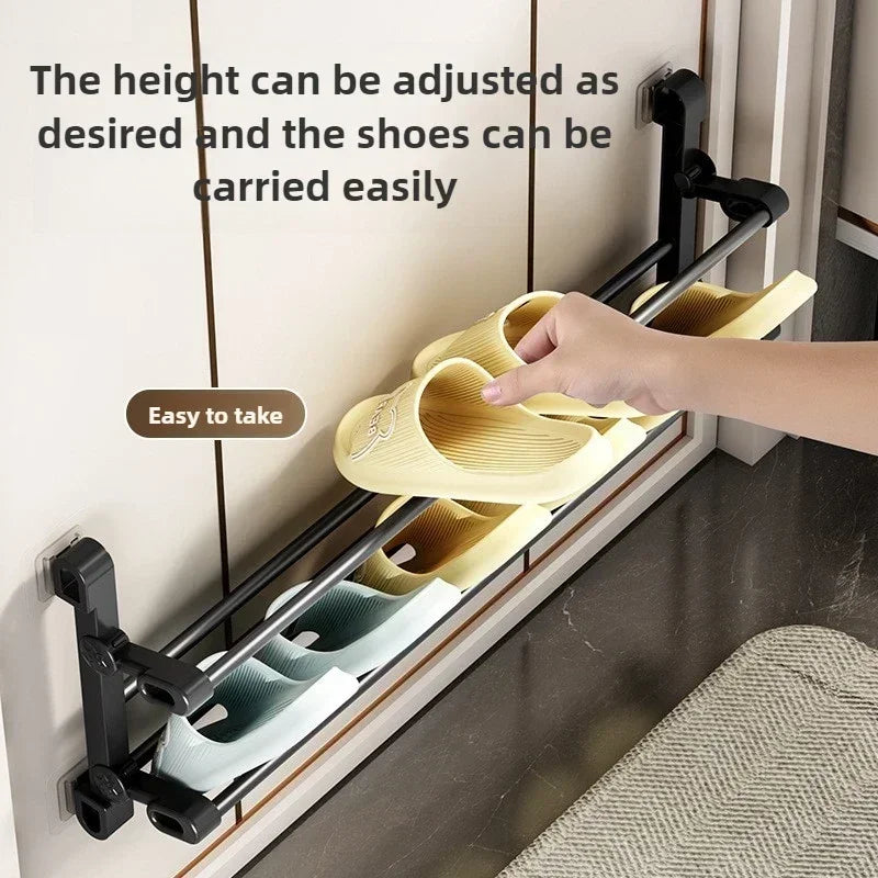 Drill-Free Wall-Mounted Bathroom Slipper Rack–Space-Saving Door/Shower Storage Organizer with Adjustable Hooks &Durable Adhesive