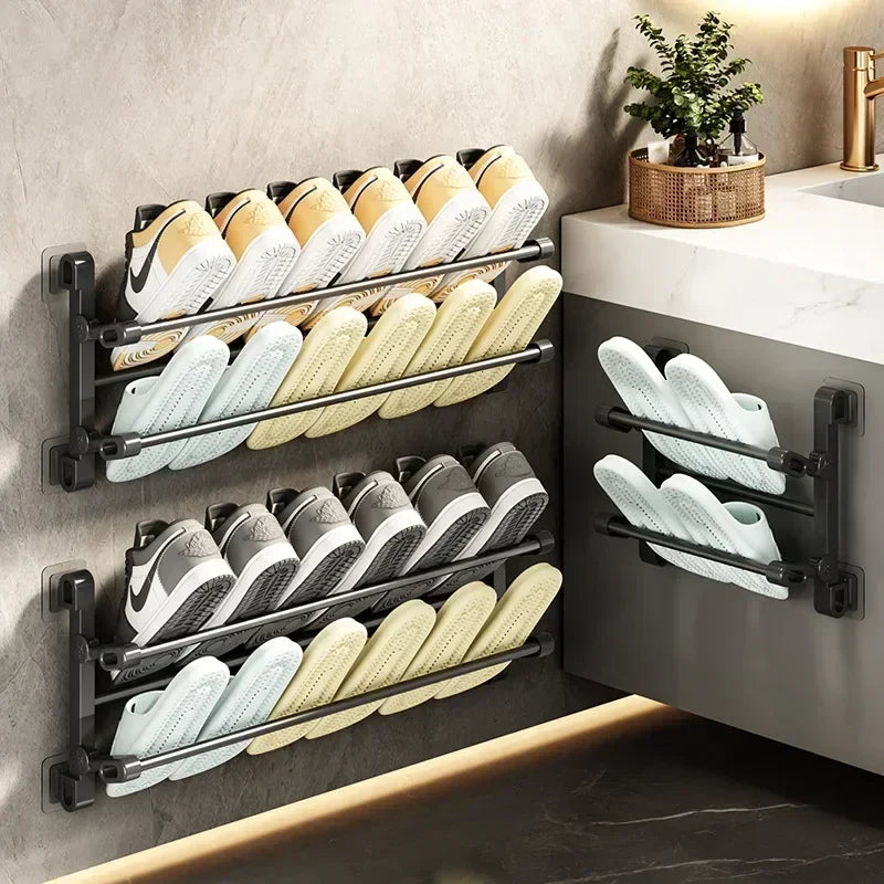 Drill-Free Wall-Mounted Bathroom Slipper Rack–Space-Saving Door/Shower Storage Organizer with Adjustable Hooks &Durable Adhesive