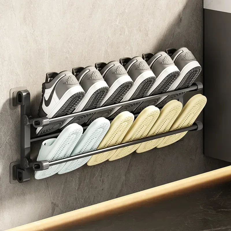 Drill-Free Wall-Mounted Bathroom Slipper Rack–Space-Saving Door/Shower Storage Organizer with Adjustable Hooks &Durable Adhesive