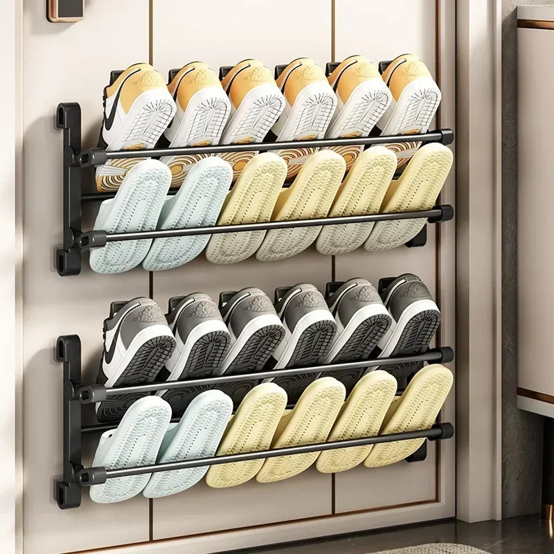 Drill-Free Wall-Mounted Bathroom Slipper Rack–Space-Saving Door/Shower Storage Organizer with Adjustable Hooks &Durable Adhesive